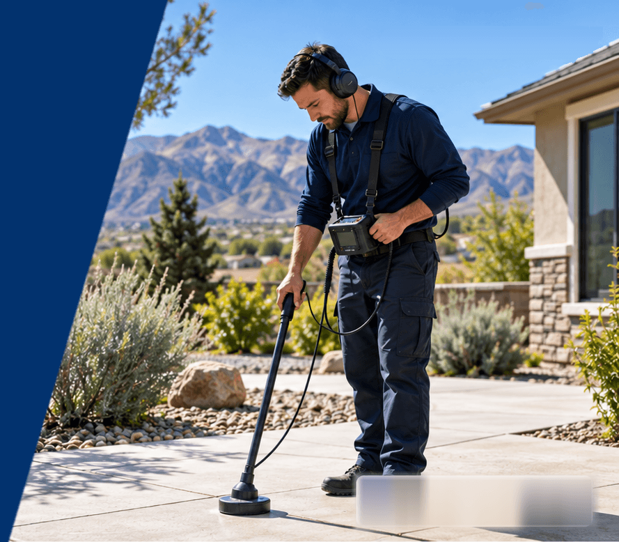 Leak detection technician with headphones locating a hidden water leak under a Reno, NV driveway using an acoustic ground microphone