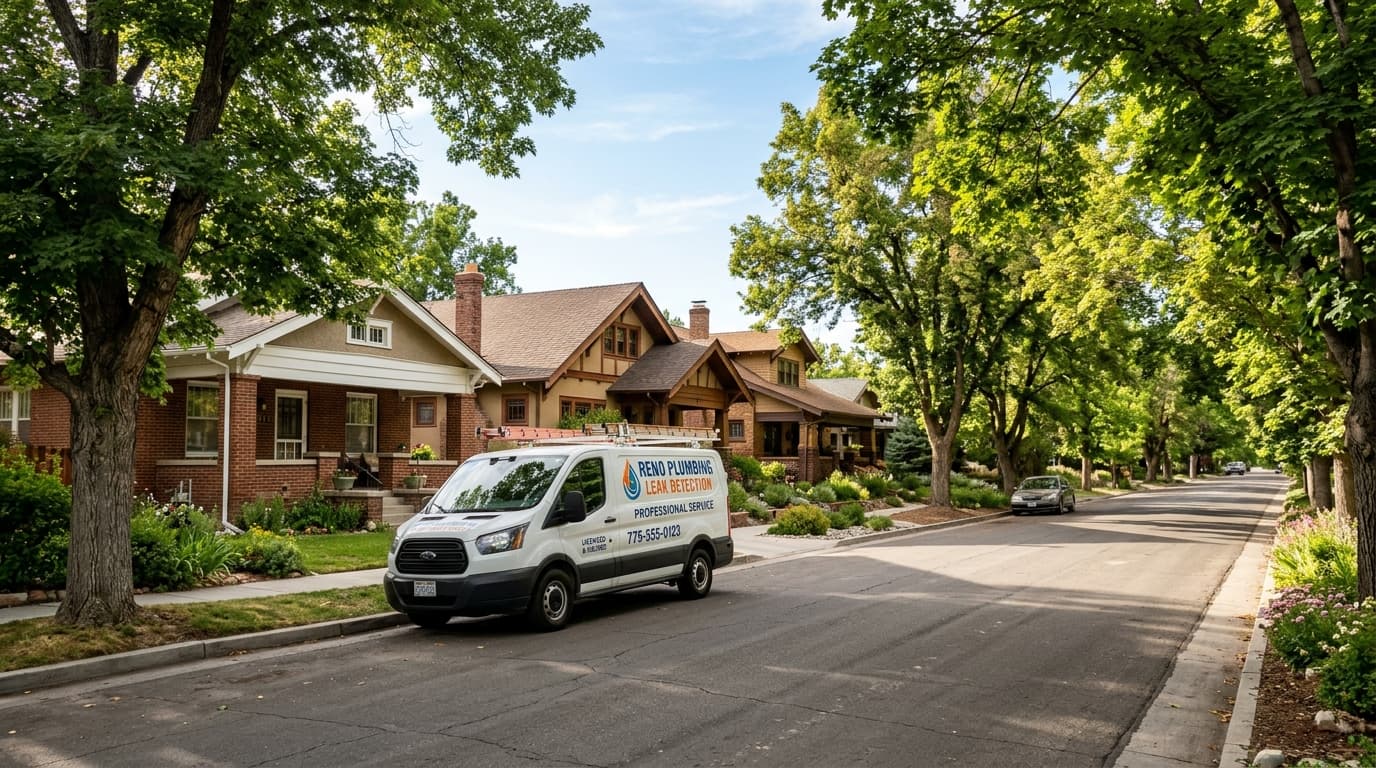 Leak detection service van on a tree-lined residential street in historic Old Southwest Reno, NV