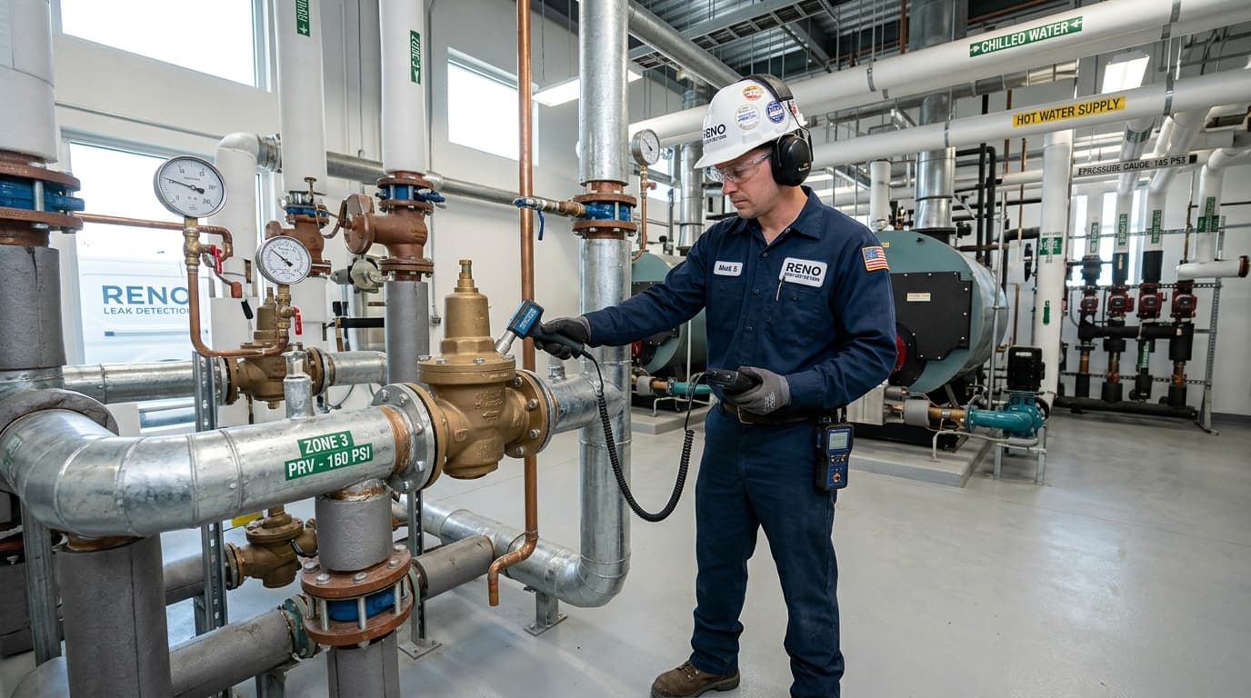 Commercial plumbing leak inspection in hotel and facility boiler room in Reno, NV