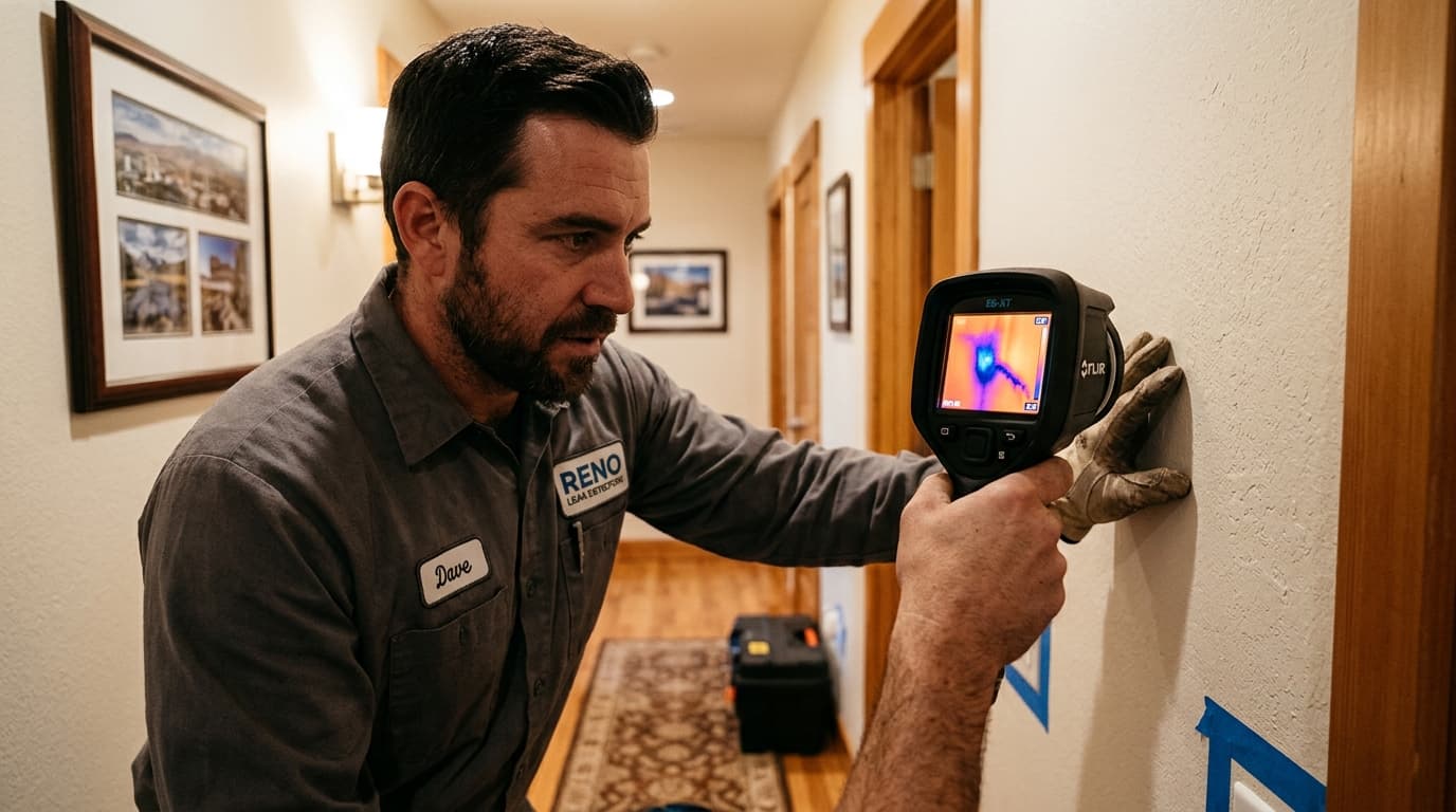 Infrared thermal imaging camera inspection revealing hidden water pipe leak behind drywall in Reno home