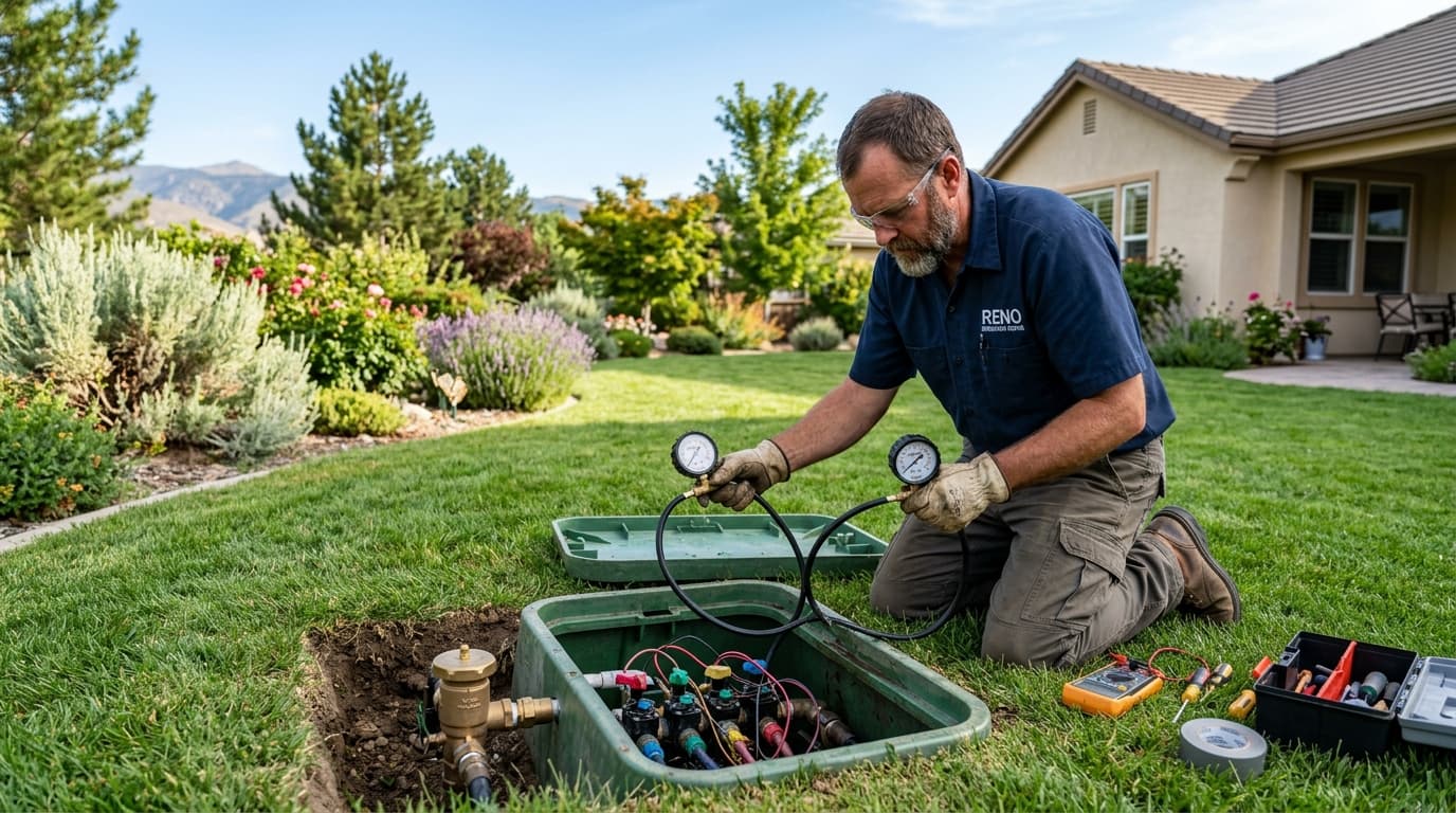 Irrigation technician testing lawn sprinkler valves and manifold for underground leaks in Reno, NV