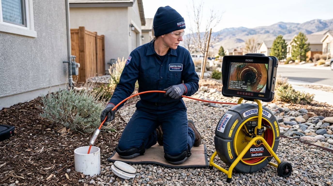 Professional sewer camera inspection with monitor and push cable in Reno yard