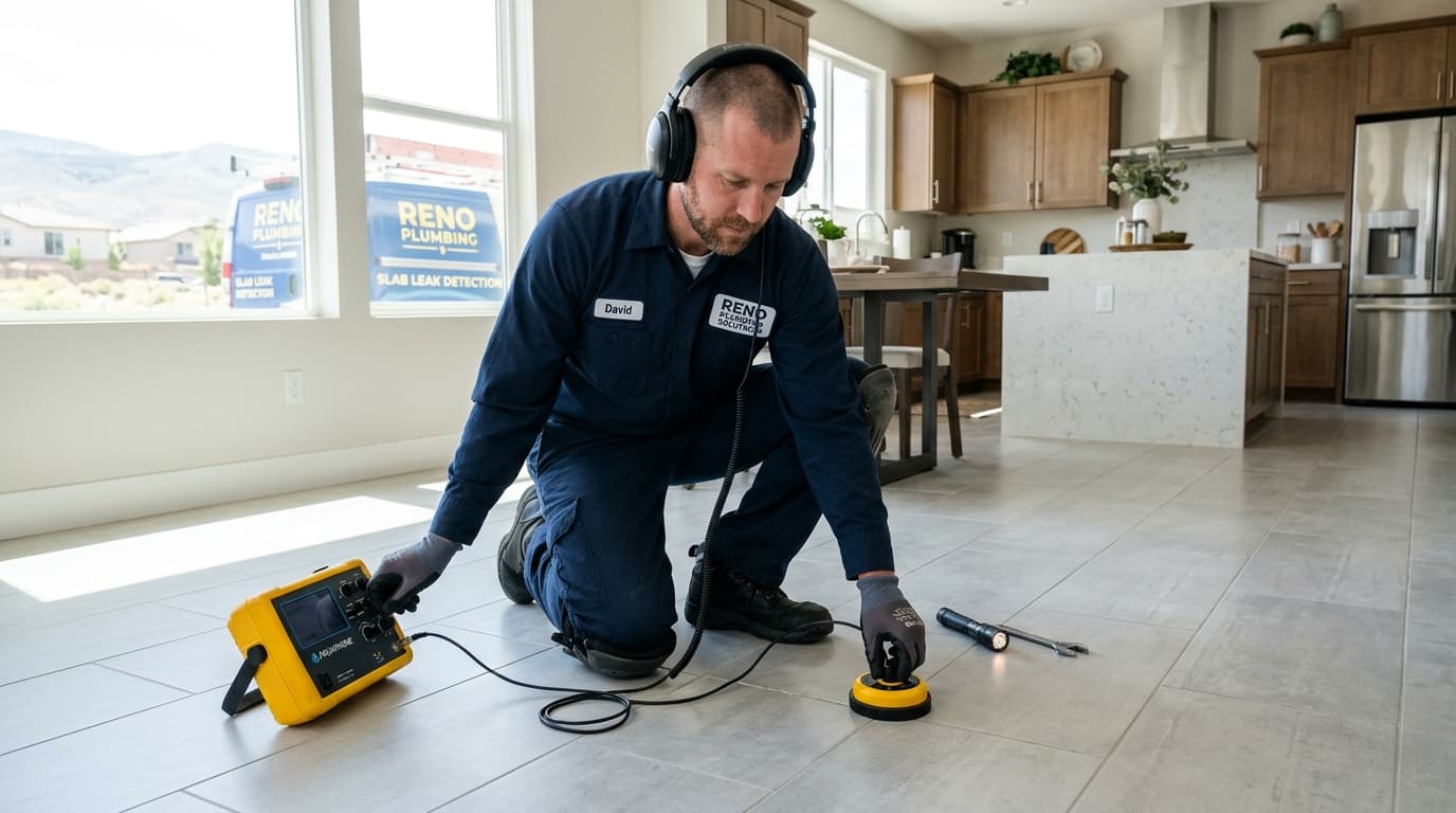 Technician performing non-invasive acoustic slab leak detection on concrete foundation floor in Reno, NV