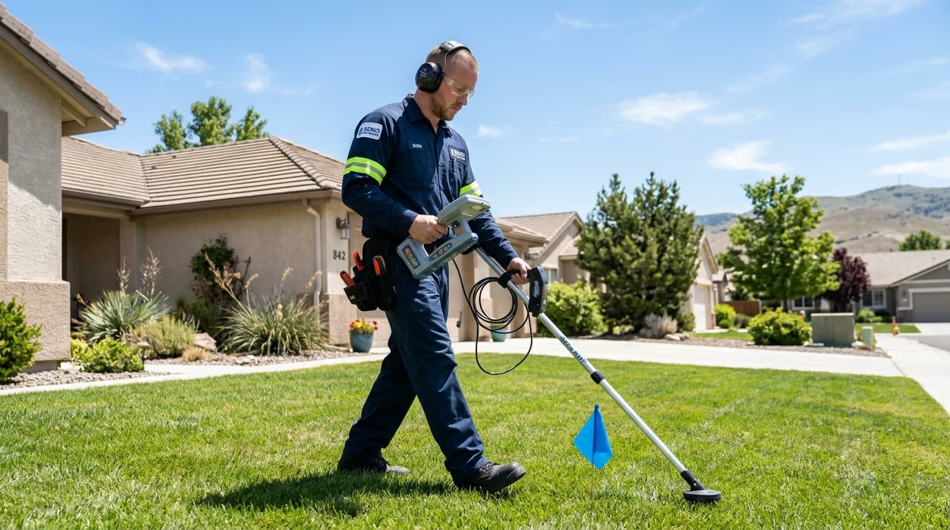 Technician surveying buried underground water pipe with electromagnetic locator in Reno, NV