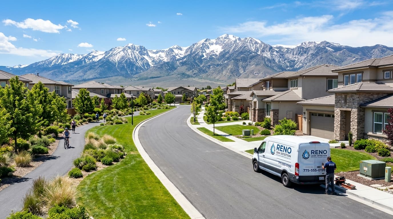 Leak detection service van in Damonte Ranch, South Reno NV neighborhood with Sierra Nevada views