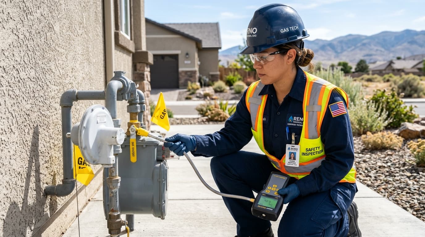 Certified technician using electronic combustible gas detector sniffer at residential gas meter in Reno, NV