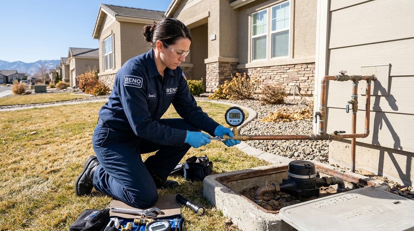 Plumbing specialist locating main water line leak with pressure testing equipment in Reno, NV
